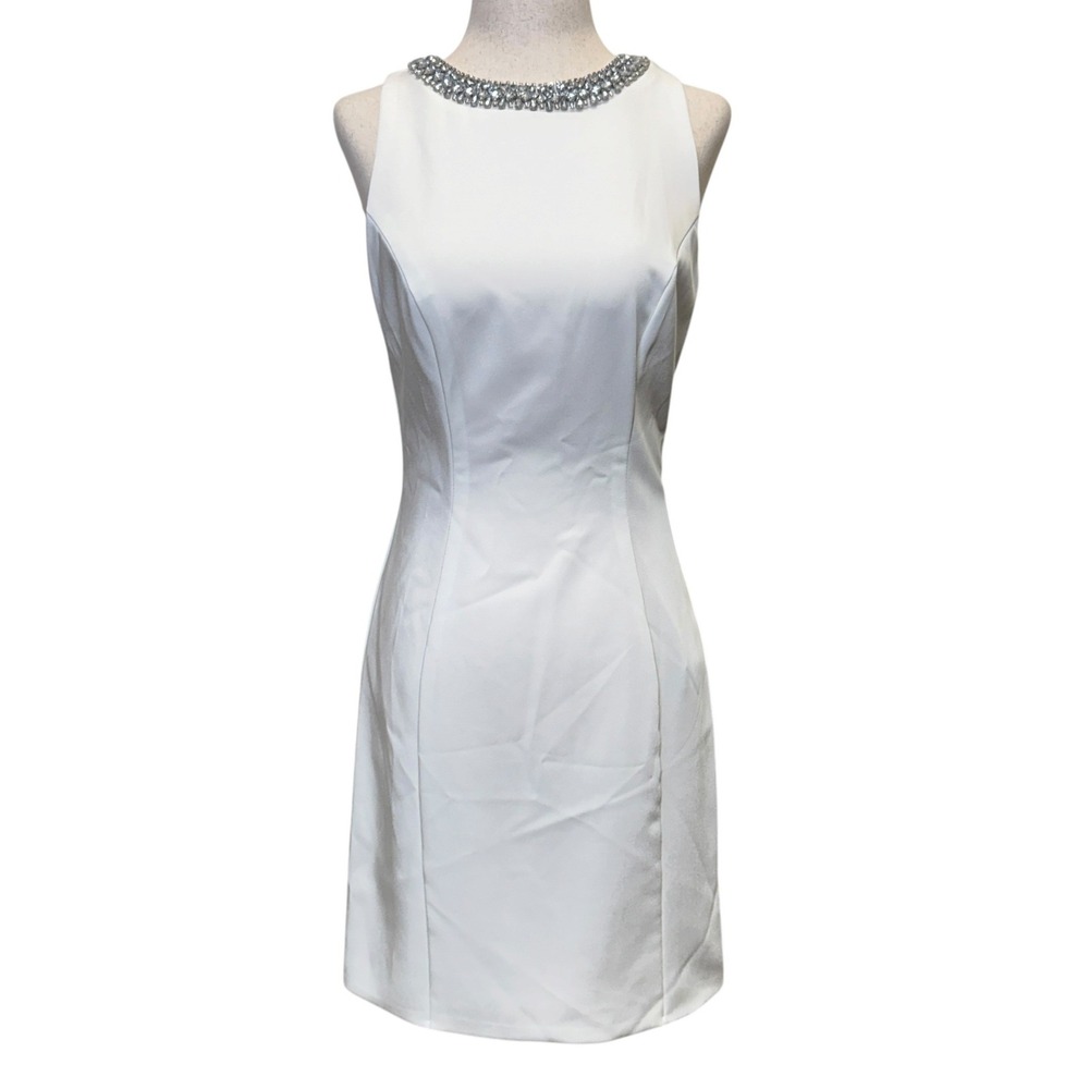 IEENA Mac Duggal 55698 Sheath Dress 4 White Rhinestone Collar Glam Formal Bridal